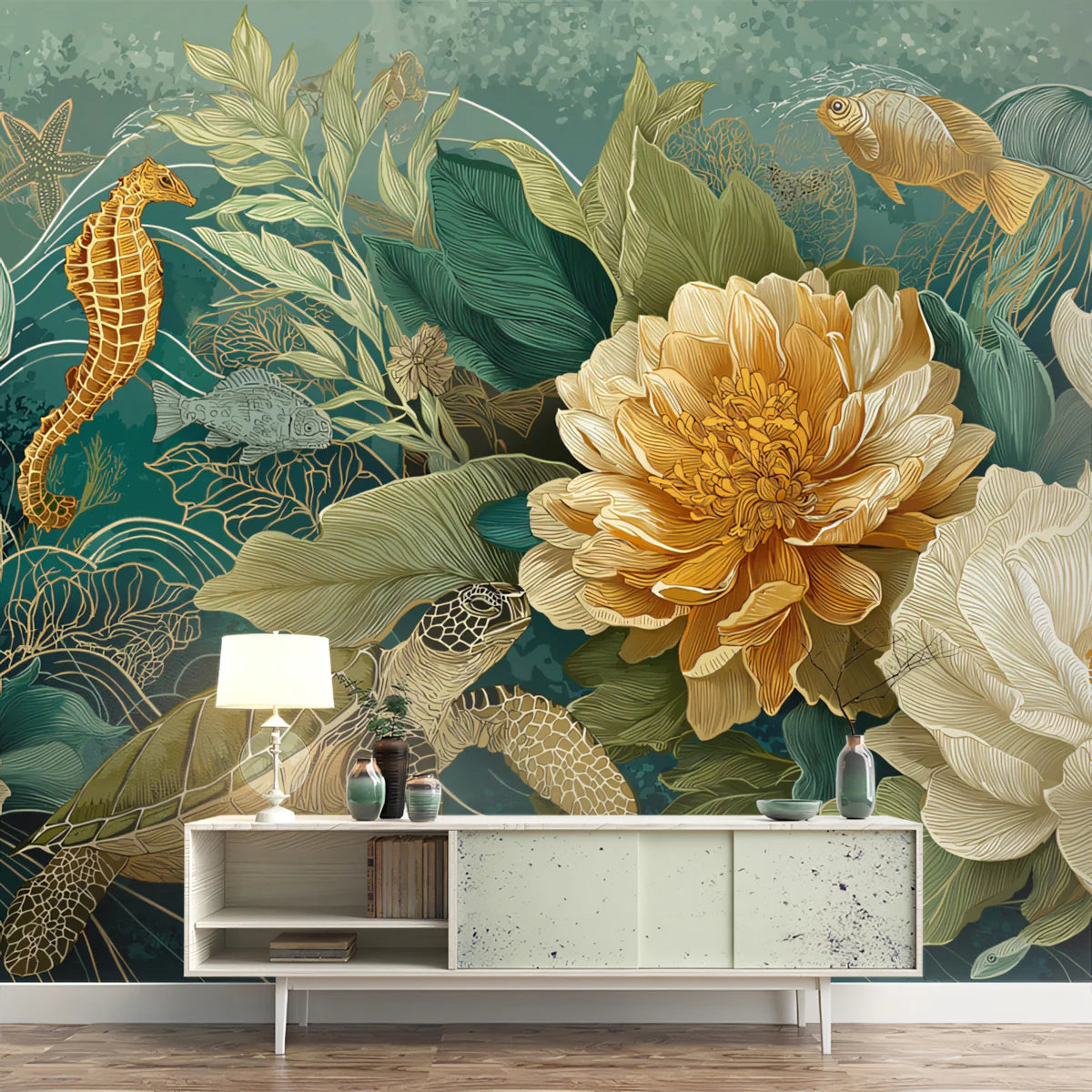 Golden Peonies and Sea Life Mural Wallpaper — Deep Teal Aquatic Scene Mural Wallpaper - room preview 02