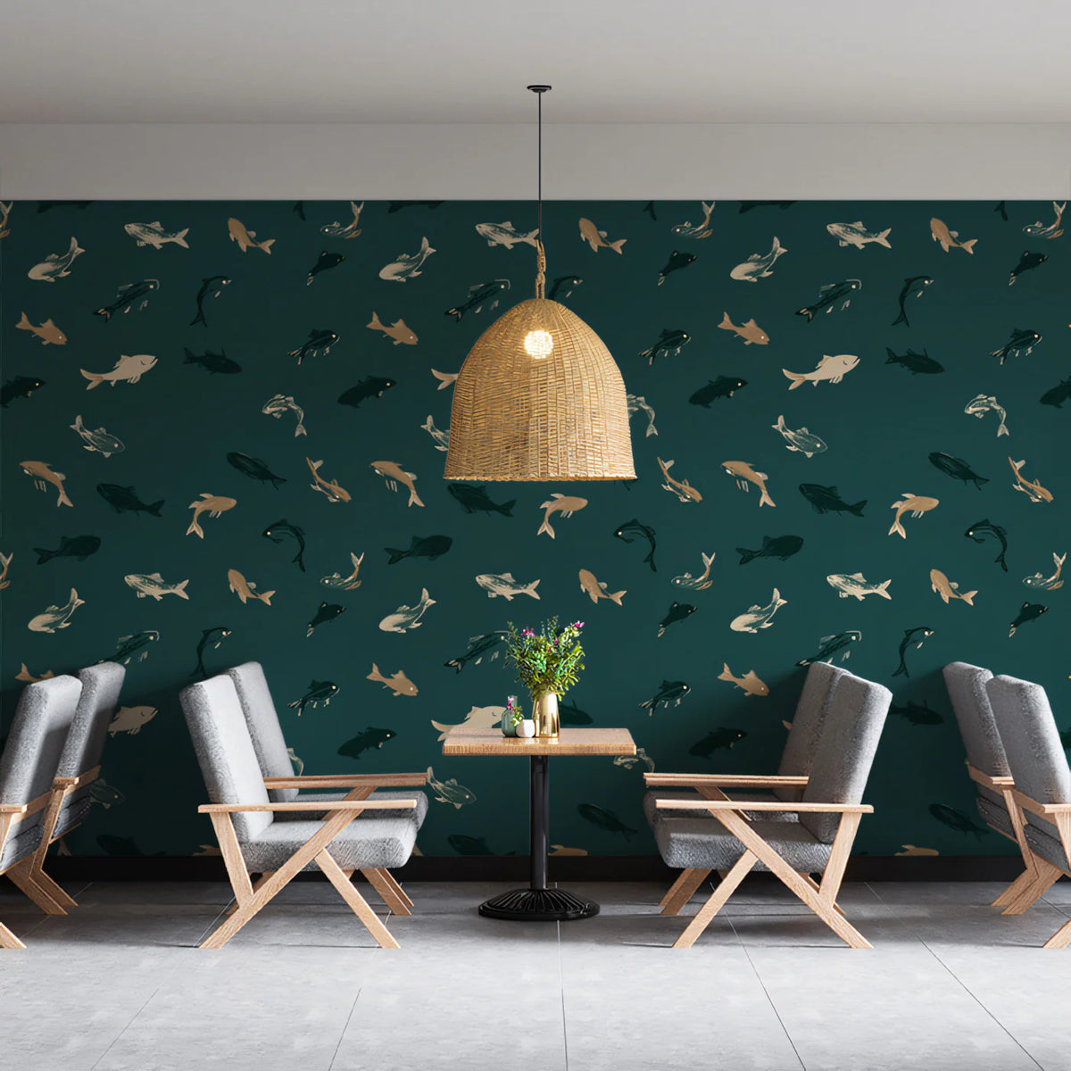 Minimalist Fish Mural Wallpaper — Deep Teal Aquatic Pattern Mural Wallpaper - room preview 02