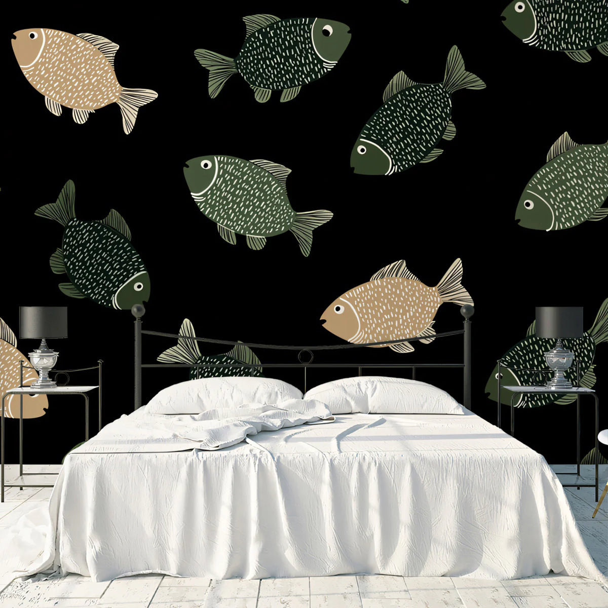 Stylish Fish Pattern Mural Wallpaper Modern Black & White Sea Life Mural Wallpaper - room preview 02
