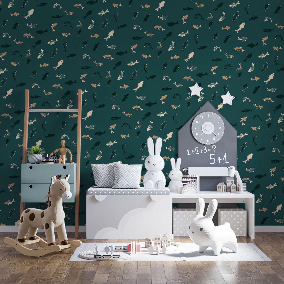 Abstract Shoal Fish Mural Wallpaper — Modern Deep Teal Marine Print Mural Wallpaper - room preview 02