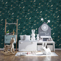 Abstract Shoal Fish Mural Wallpaper — Modern Deep Teal Marine Print Mural Wallpaper - room preview 02