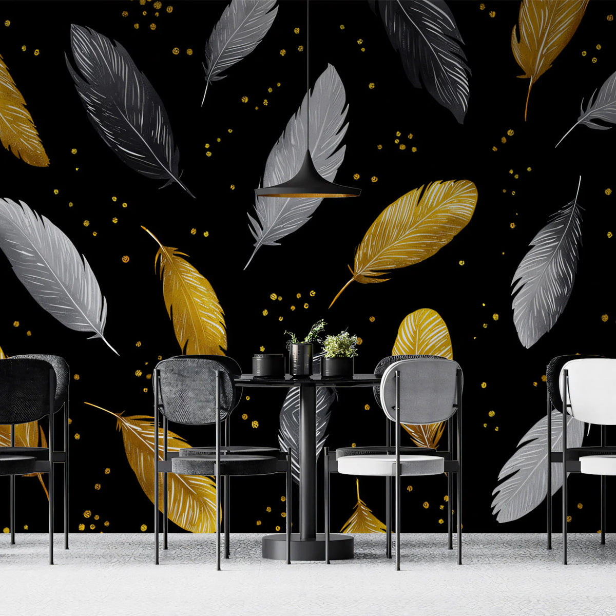Floating Feather Mural Wallpaper — Gold and Silver Noir Pattern Mural Wallpaper - room preview 02
