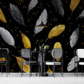 Floating Feather Mural Wallpaper — Gold and Silver Noir Pattern Mural Wallpaper - room preview 02