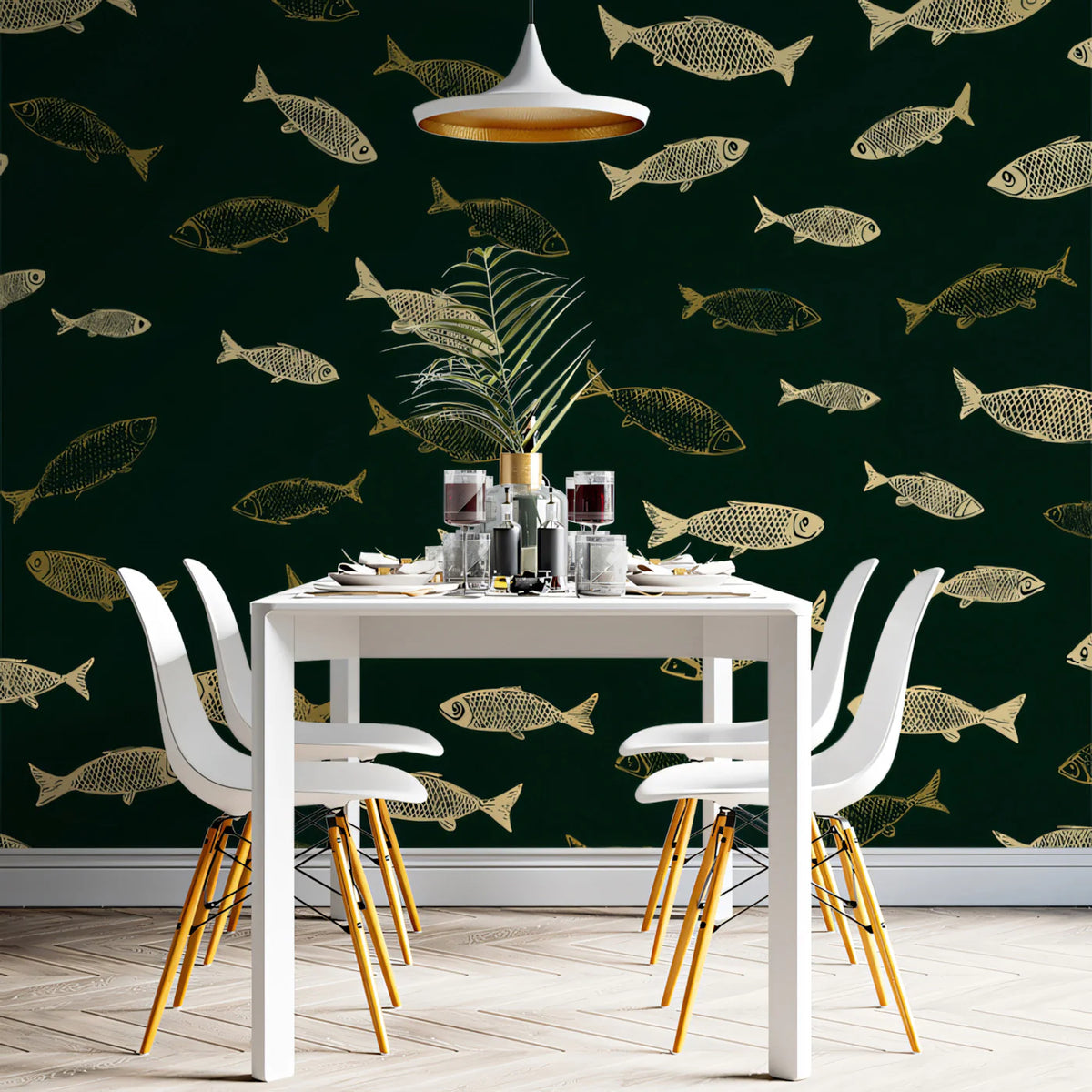 Vintage Fish Sketch Mural Wallpaper —Deep Green Nautical Design Mural Wallpaper - room preview 02