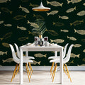 Vintage Fish Sketch Mural Wallpaper —Deep Green Nautical Design Mural Wallpaper - room preview 02