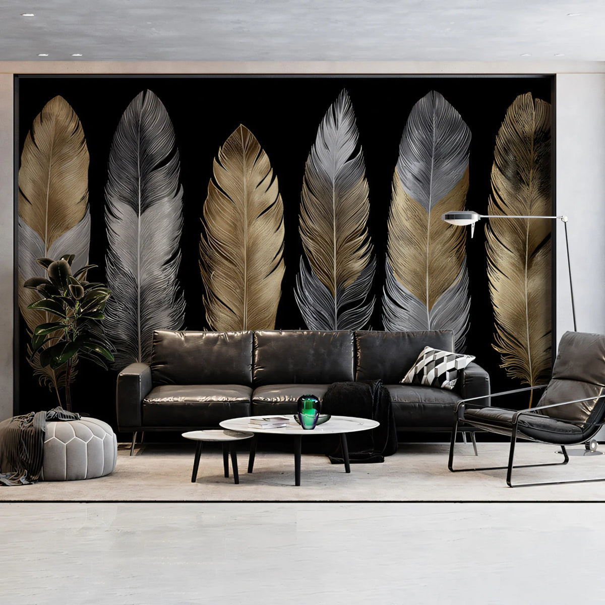 Metallic Feather Mural Wallpaper — Modern Gold and Silver Decor Mural Wallpaper - room preview 02