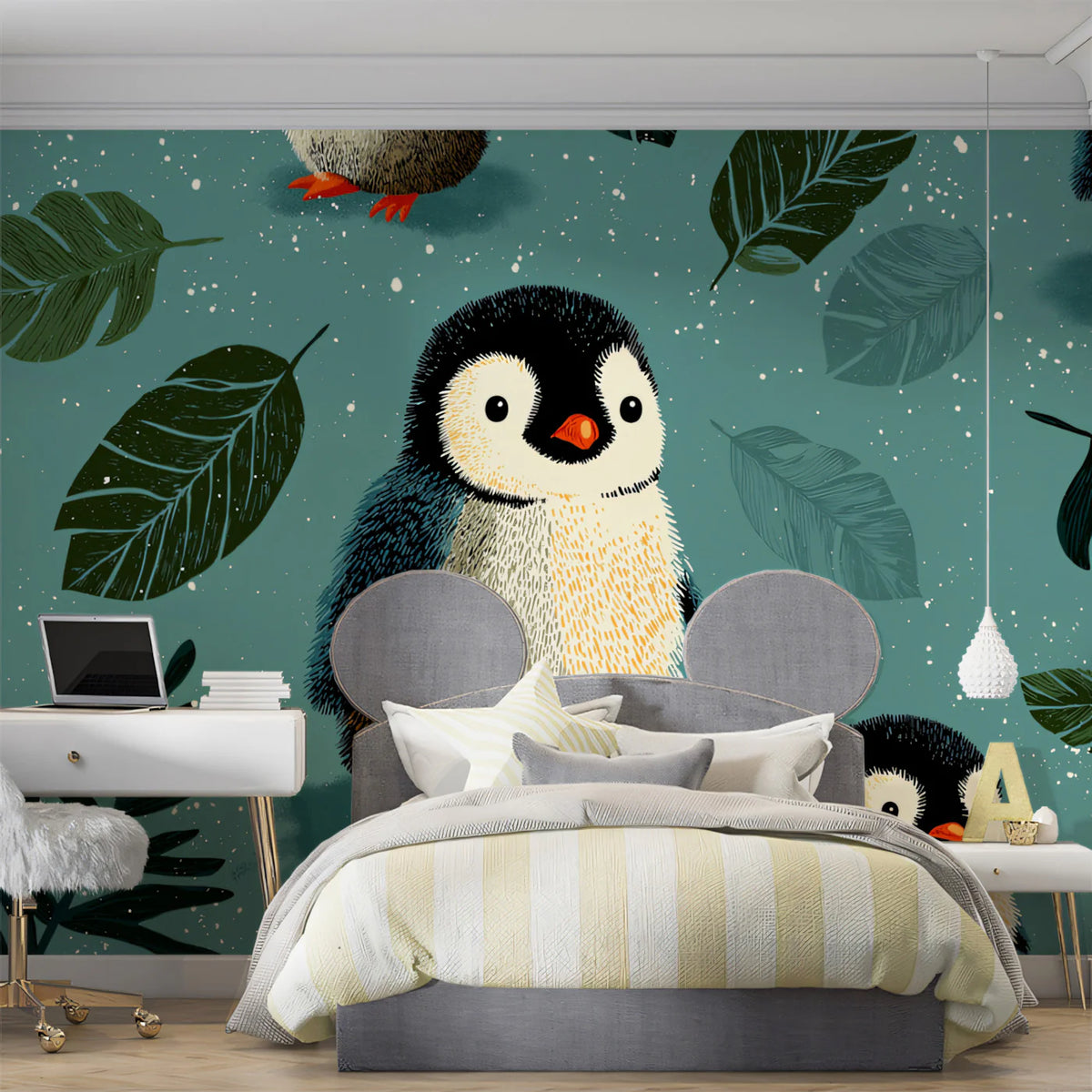 Baby Penguin Leaf Mural Wallpaper —Whimsical Arctic Pattern Mural Wallpaper - room preview 02