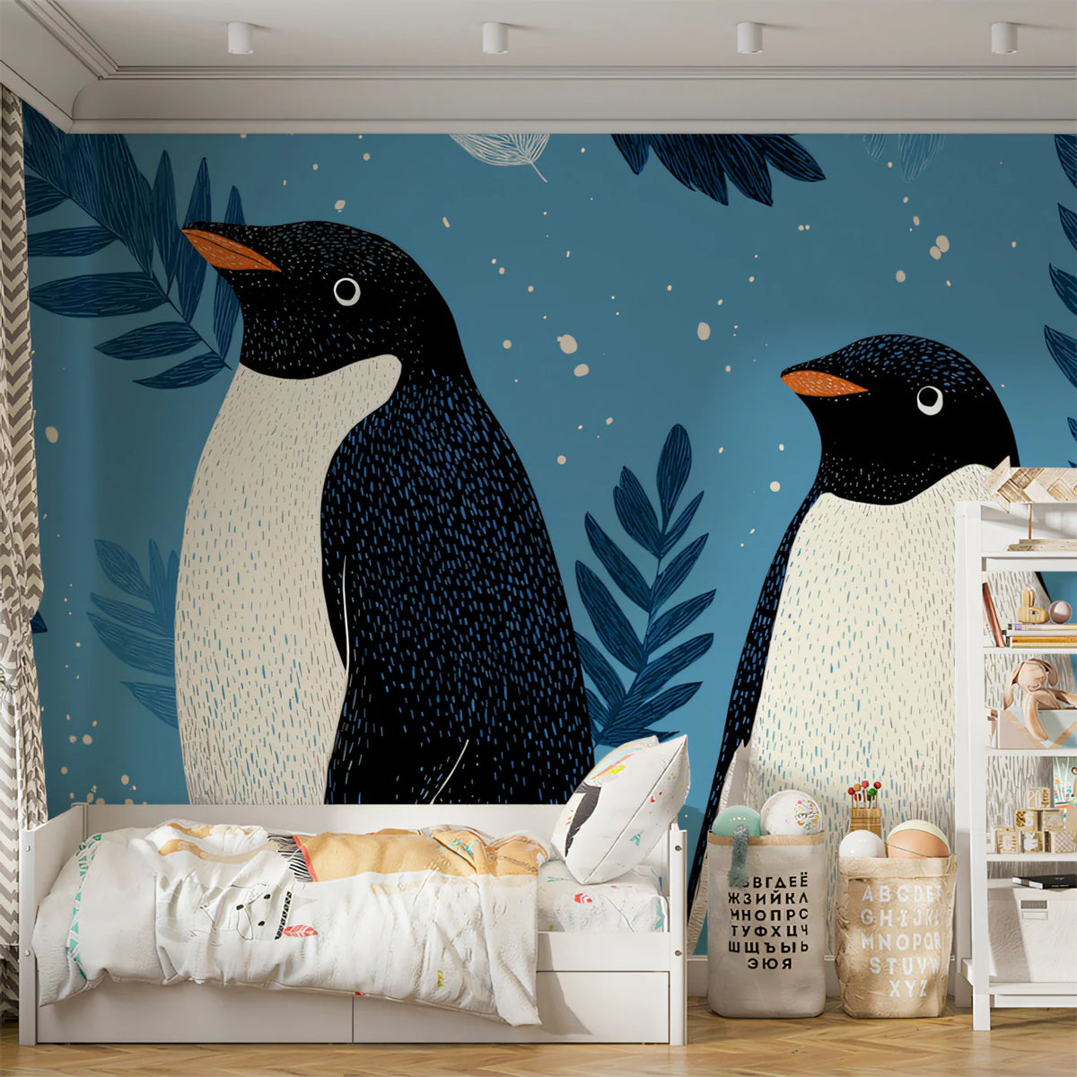 Adelie Penguin Duo Mural Wallpaper — Whimsical Blue Botanical Mural Wallpaper - room preview 02
