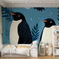 Adelie Penguin Duo Mural Wallpaper — Whimsical Blue Botanical Mural Wallpaper - room preview 02