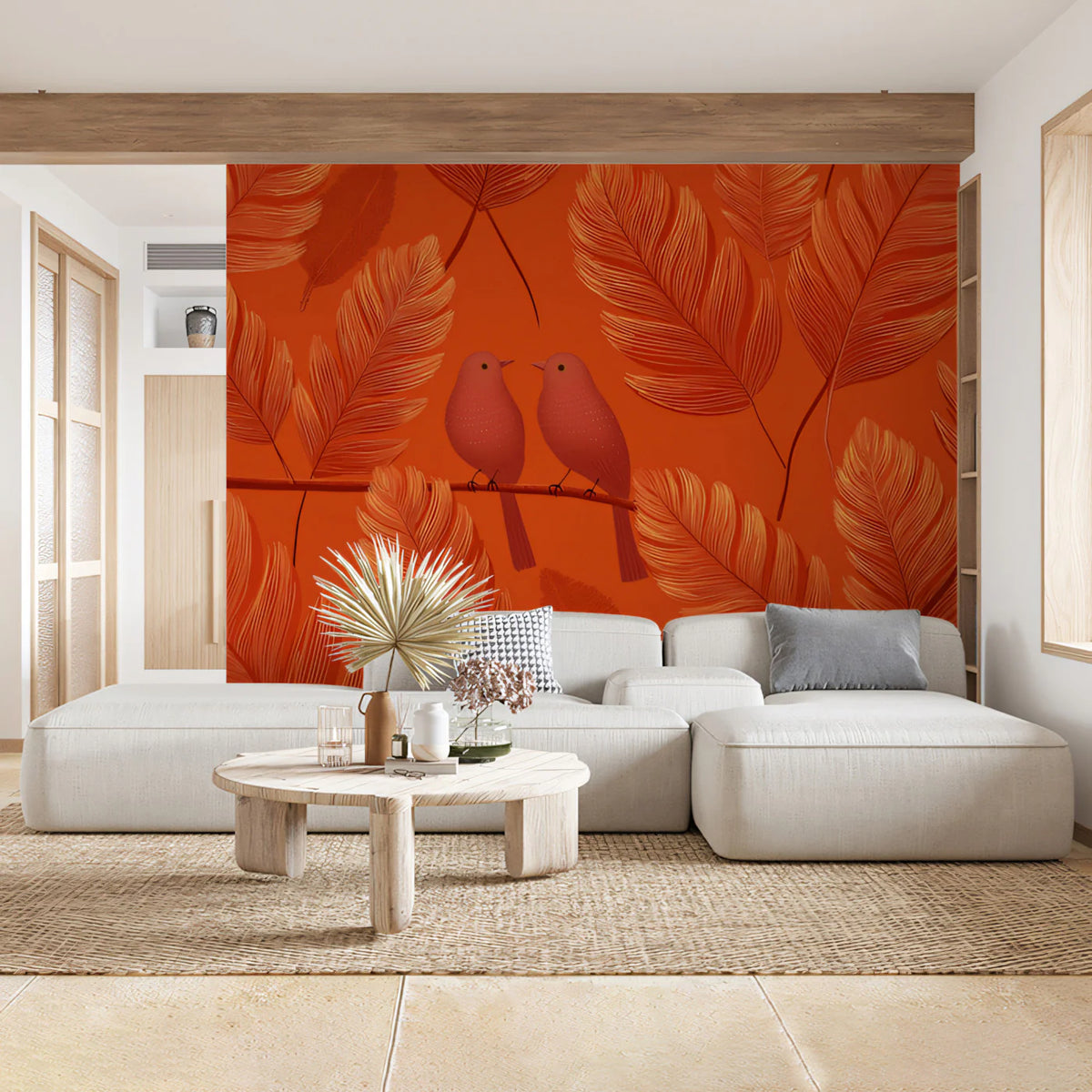 Rust Botanical Feather Mural Wallpaper with Perched Songbirds Mural Wallpaper - room preview 02