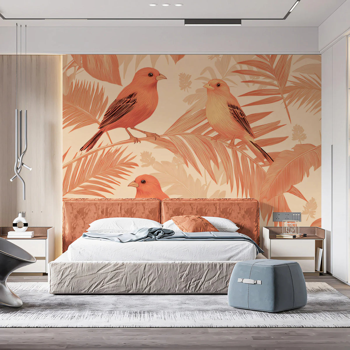 Classic Tropical Birds Mural Wallpaper Warm Coral & Green Print Mural Wallpaper - room preview 02