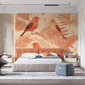 Classic Tropical Birds Mural Wallpaper Warm Coral & Green Print Mural Wallpaper - room preview 02