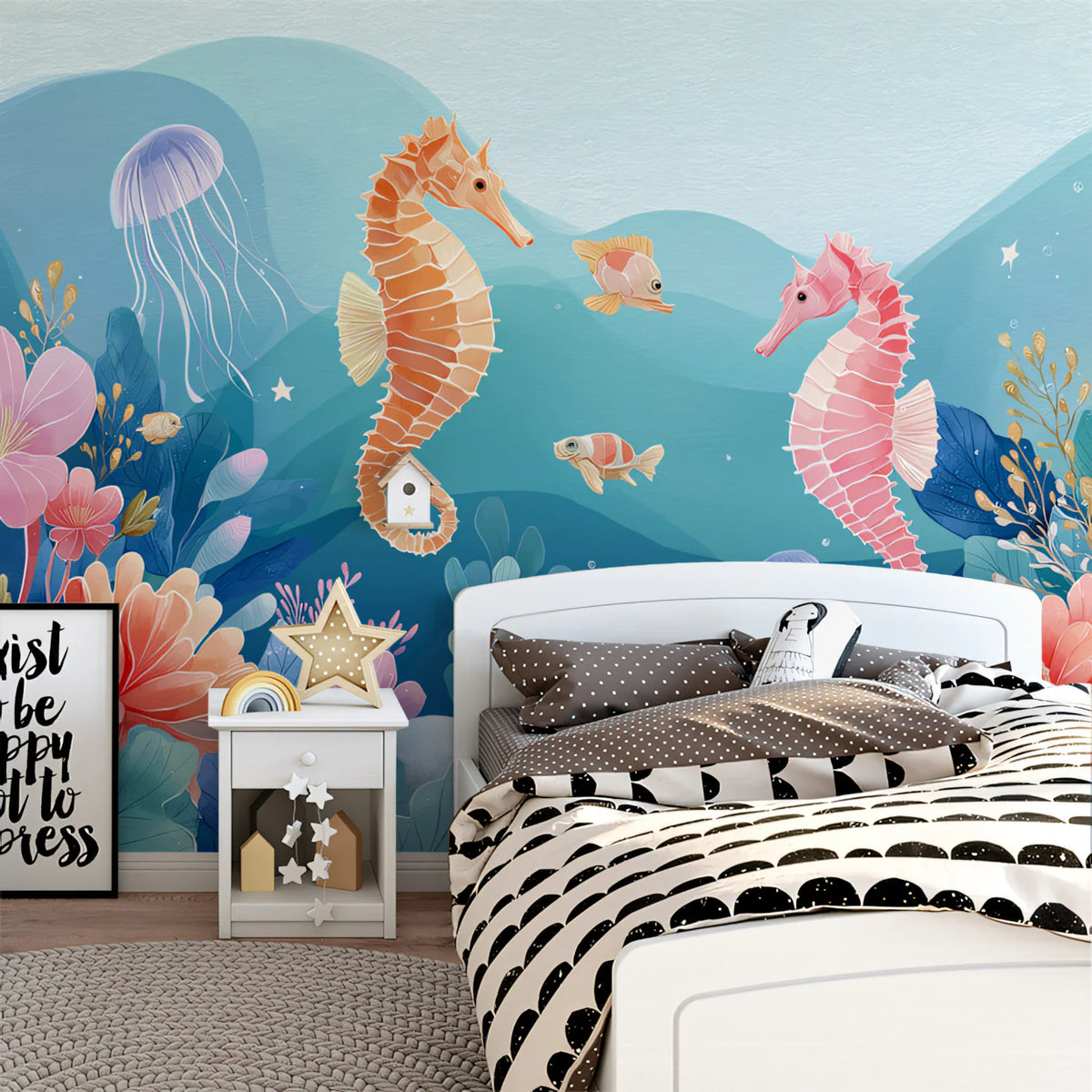 Whimsical Seahorse Garden Mural Wallpaper — Soft Pastel Marine Scene Mural Wallpaper - room preview 02