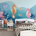 Whimsical Seahorse Garden Mural Wallpaper — Soft Pastel Marine Scene Mural Wallpaper - room preview 02