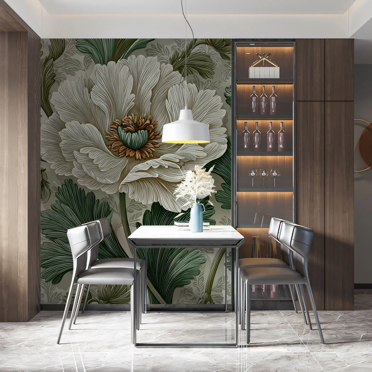 Vintage Peony Floral Mural Wallpaper — Classic Botanical Pattern Mural Wallpaper - room preview 02