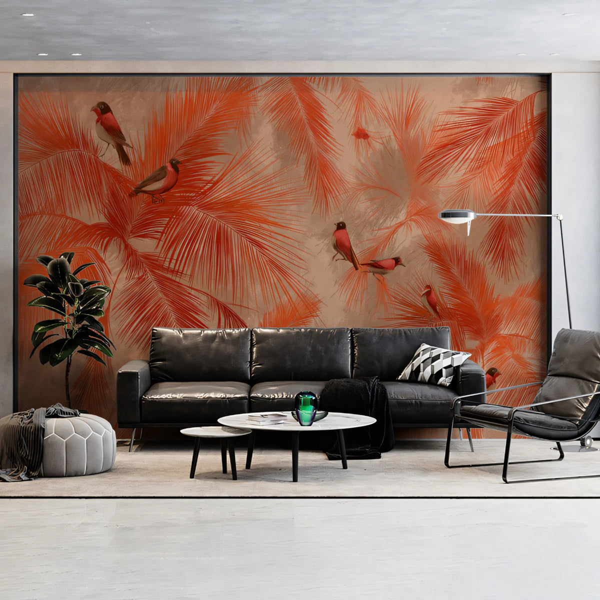 Tropical Palm and Finch Mural Wallpaper — Sunset Coral Palette Mural Wallpaper - room preview 02