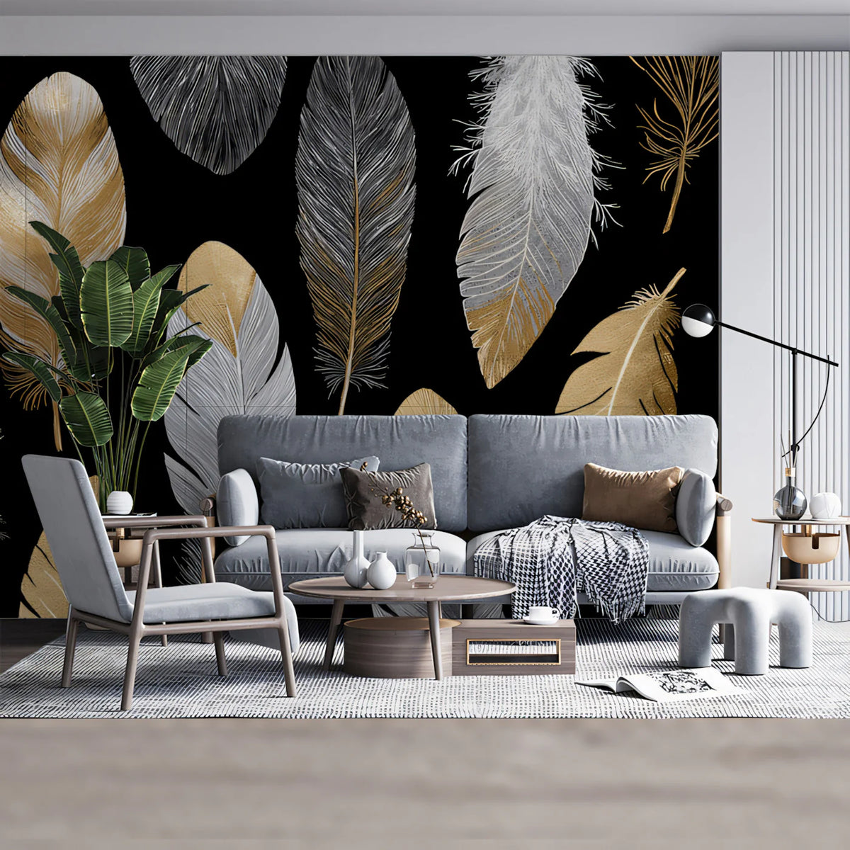 Metallic Feather Mural Wallpaper — Gold and Silver on Black Mural Wallpaper - room preview 02