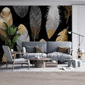 Metallic Feather Mural Wallpaper — Gold and Silver on Black Mural Wallpaper - room preview 02