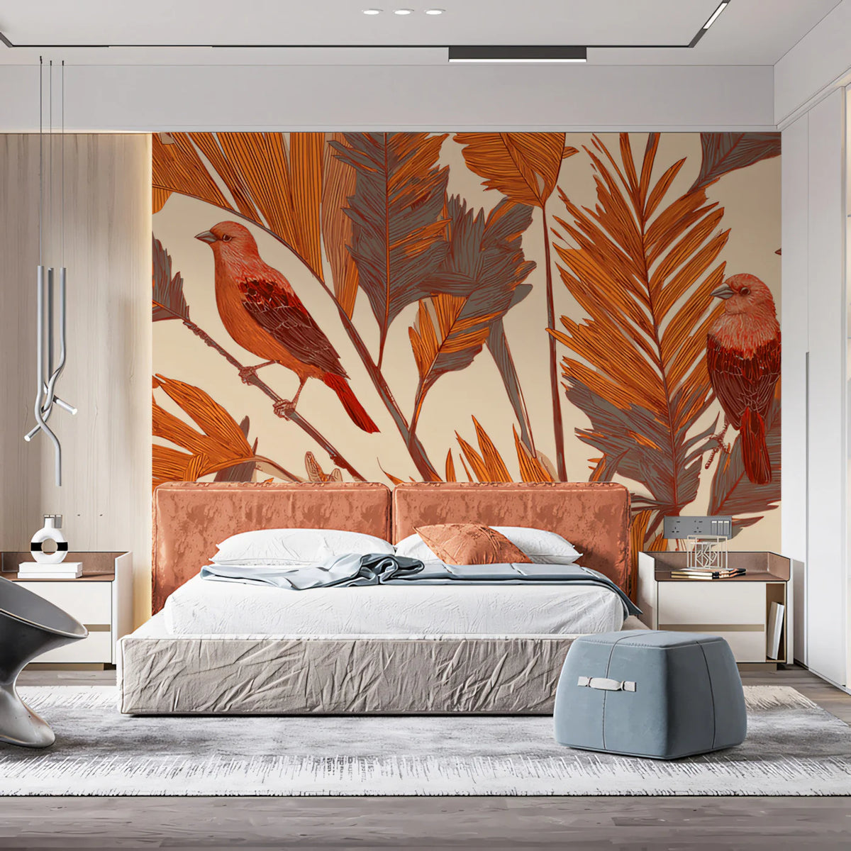 Rust Tropical Bird Mural Wallpaper — Warm Botanical Design Mural Wallpaper - room preview 02