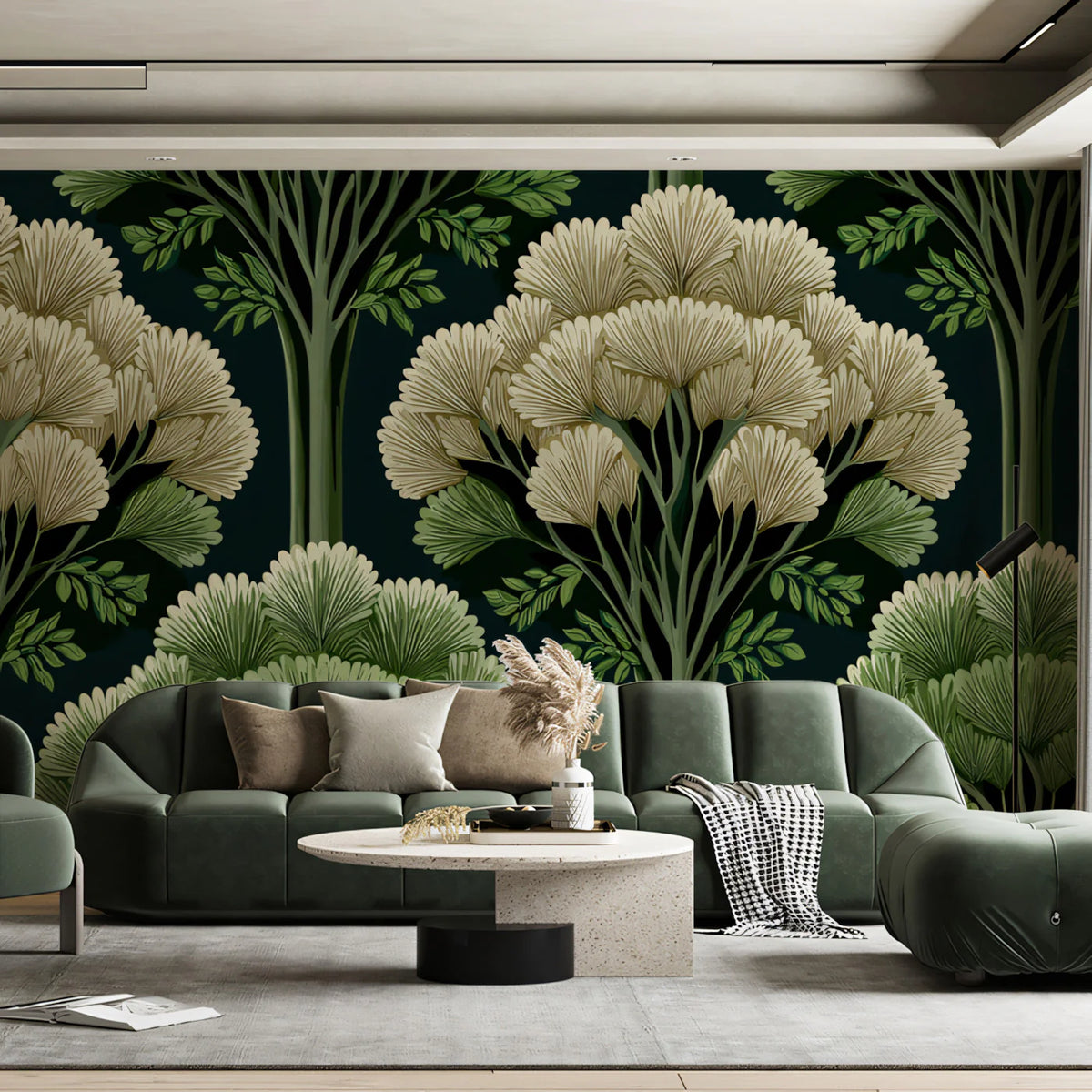Art Deco Forest Mural Wallpaper — Stylized Botanical Fan Motif Mural Wallpaper - room preview 02
