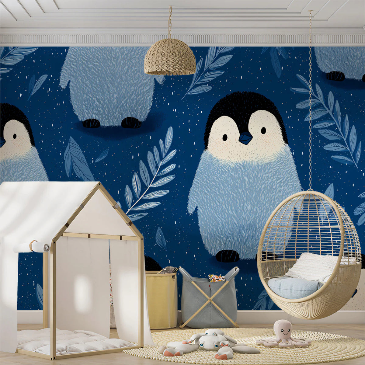 Baby Penguin Sketch Mural Wallpaper — Whimsical Navy Blue Design Mural Wallpaper - room preview 02