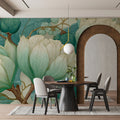 Botanical Lotus Line Art Mural Wallpaper — Soft Teal and Cream Mural Wallpaper - room preview 02