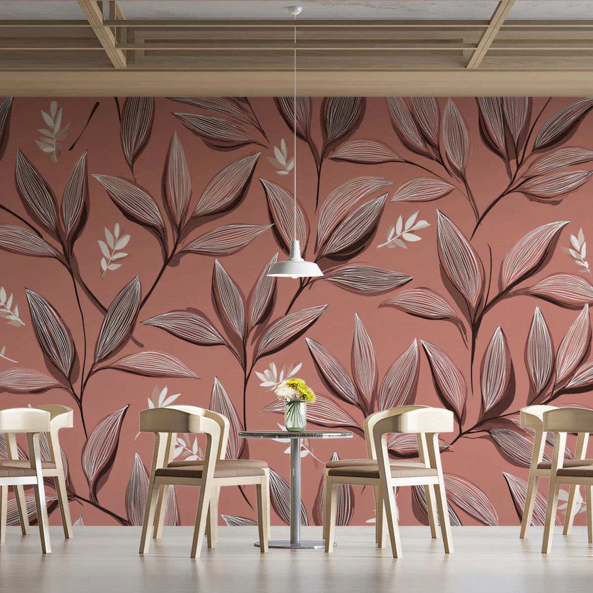 Dusty Rose Botanical Mural Wallpaper with Intricate Leaf Line Art Mural Wallpaper - room preview 02