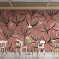 Dusty Rose Botanical Mural Wallpaper with Intricate Leaf Line Art Mural Wallpaper - room preview 02