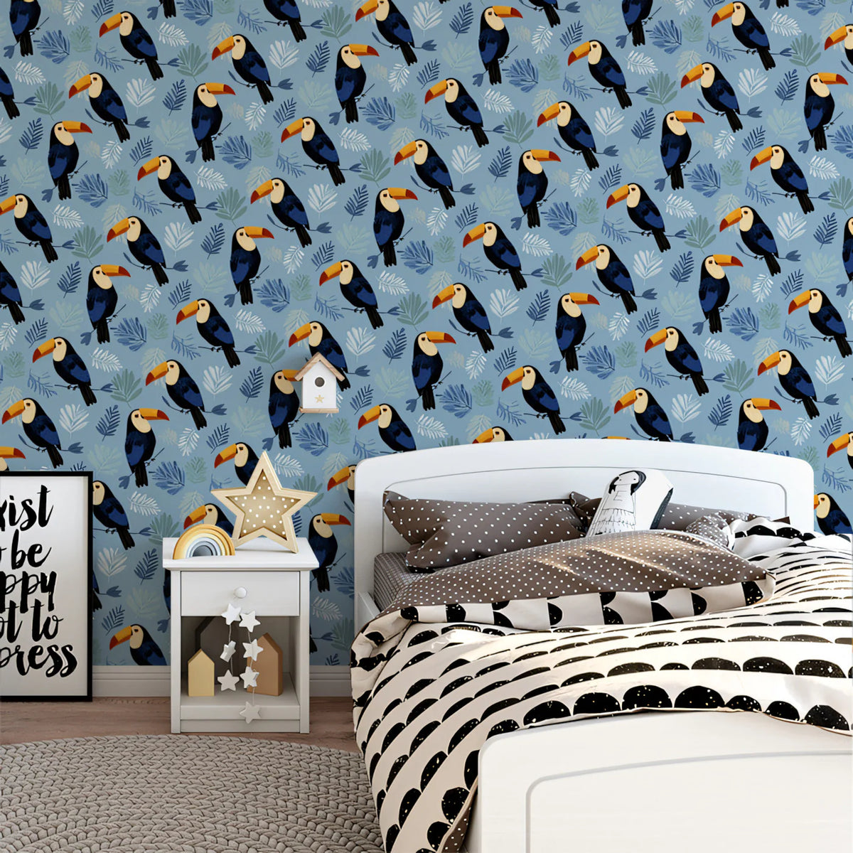Tropical Toucan Garden Mural Wallpaper —Playful Blue Bird Pattern Mural Wallpaper - room preview 02