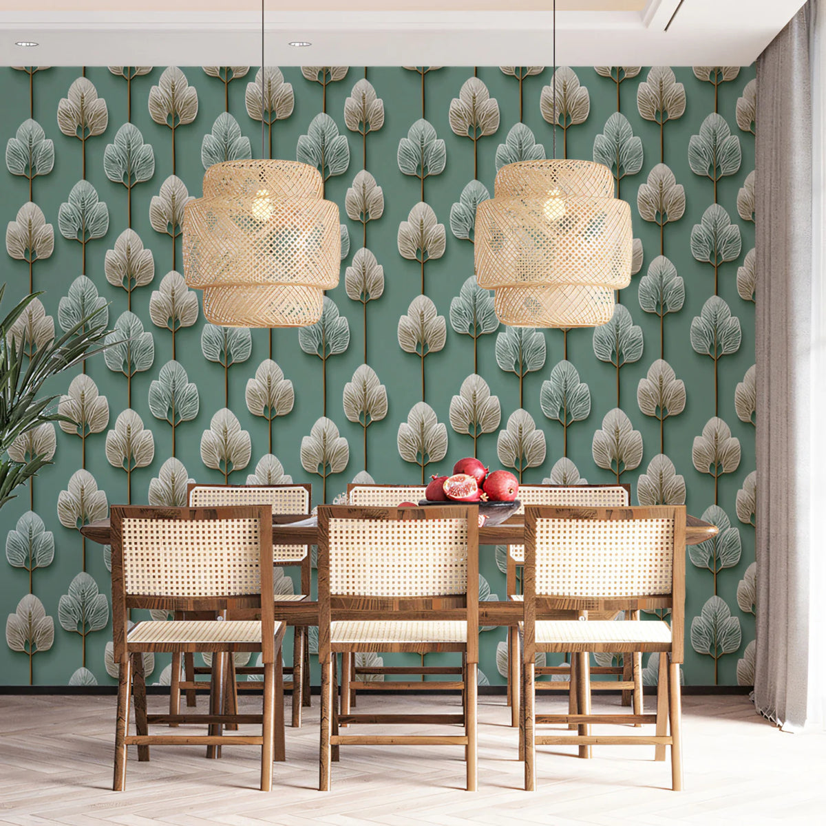 Stylized Botanical Mural Wallpaper — Teal Leaf Grid Pattern Mural Wallpaper - room preview 02