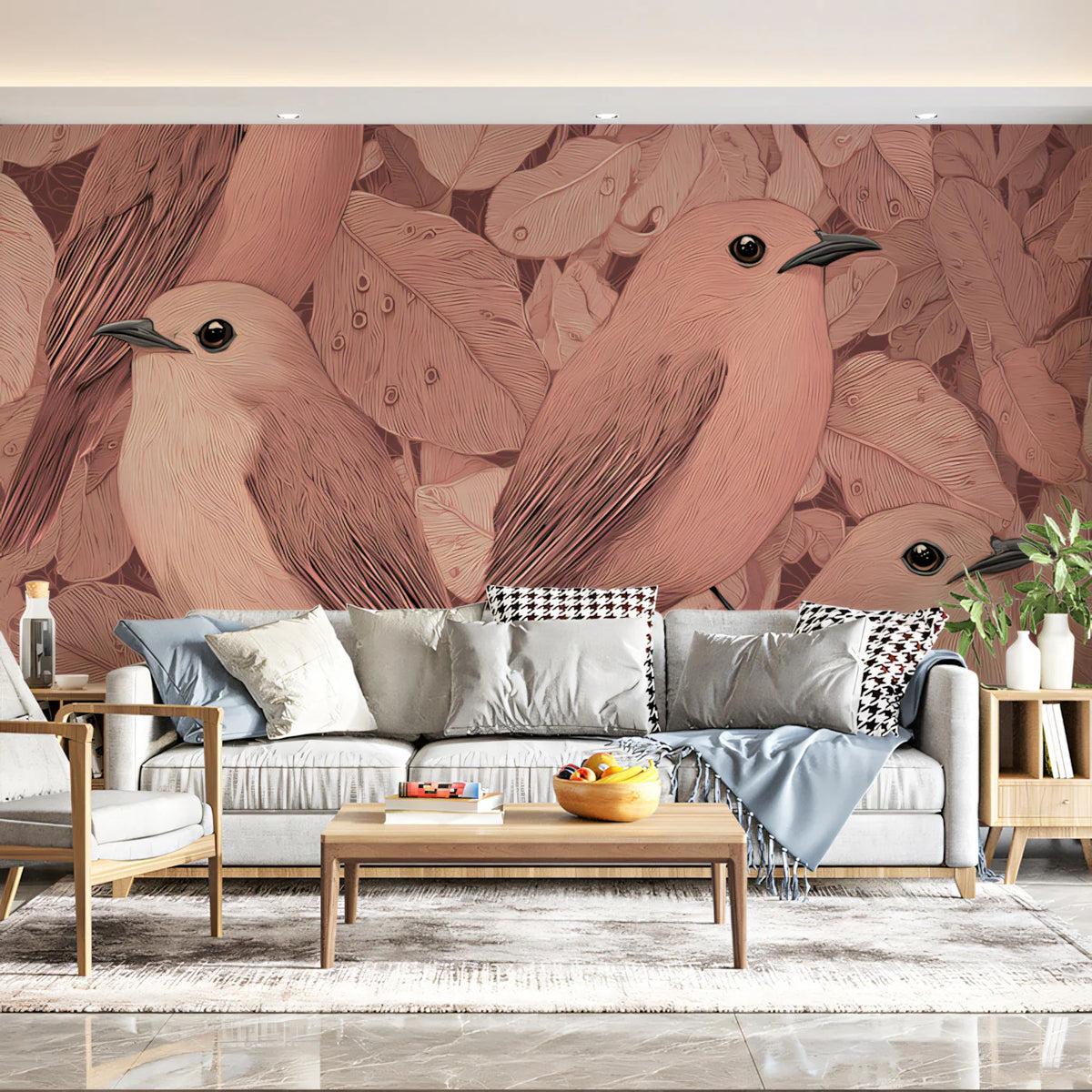 Rustic Songbird Mural Wallpaper — Soft Rose Botanical Pattern Mural Wallpaper - room preview 02