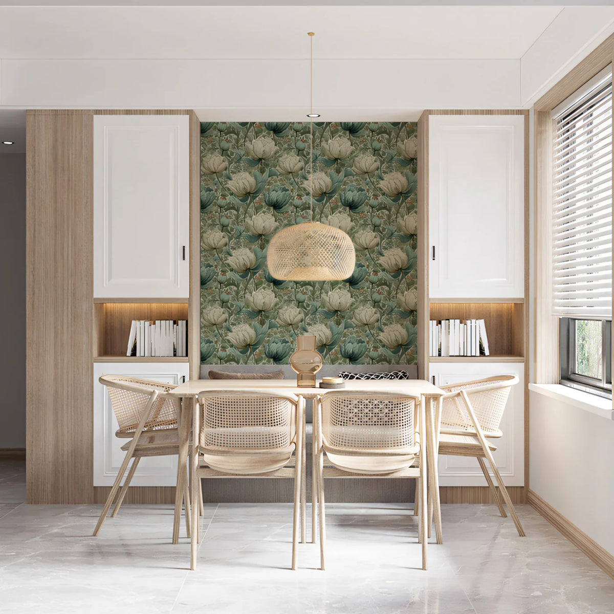 Vintage Peony Botanical Mural Wallpaper in Sage and Cream Mural Wallpaper - room preview 02