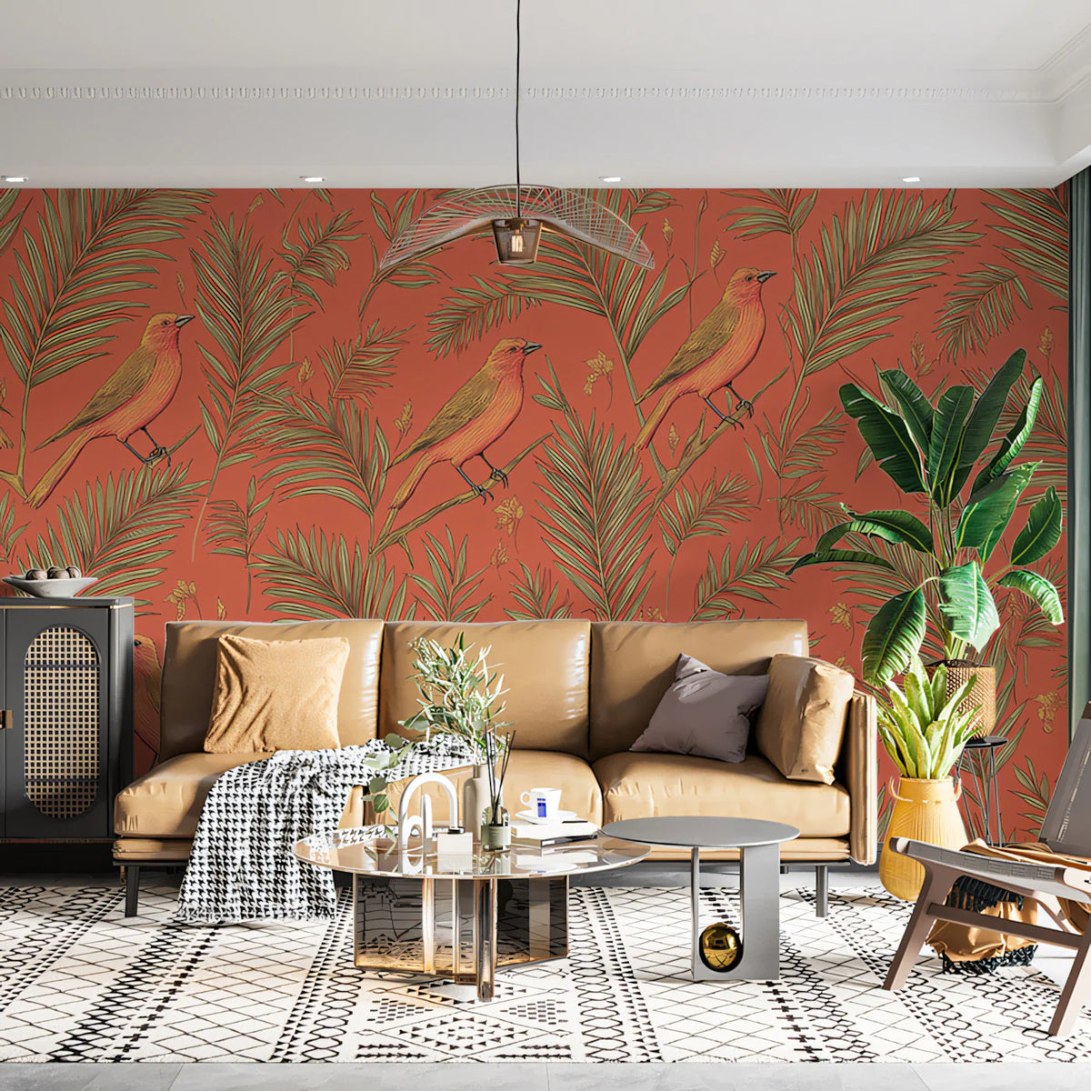 Classic Tropical Birds Mural Wallpaper Warm Coral & Green Print Mural Wallpaper - room preview 02