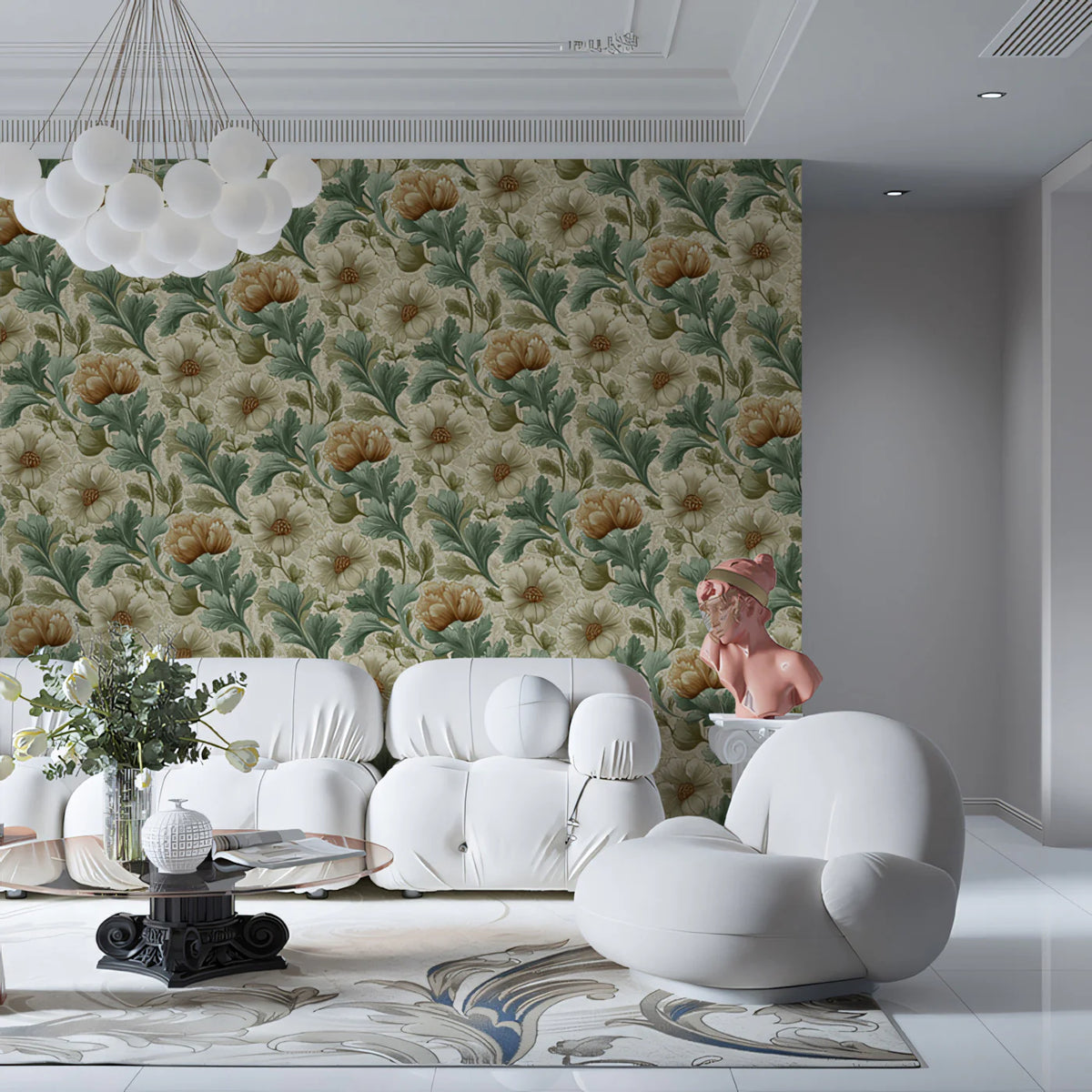 Vintage Botanical Floral Mural Wallpaper — Sage and Ochre Print Mural Wallpaper - room preview 02