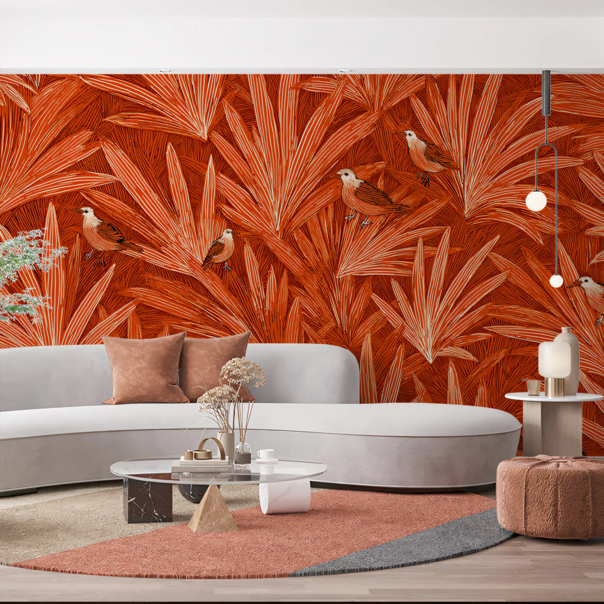 Rust Tropical Birds Mural Wallpaper — Bohemian Botanical Art Mural Wallpaper - room preview 02