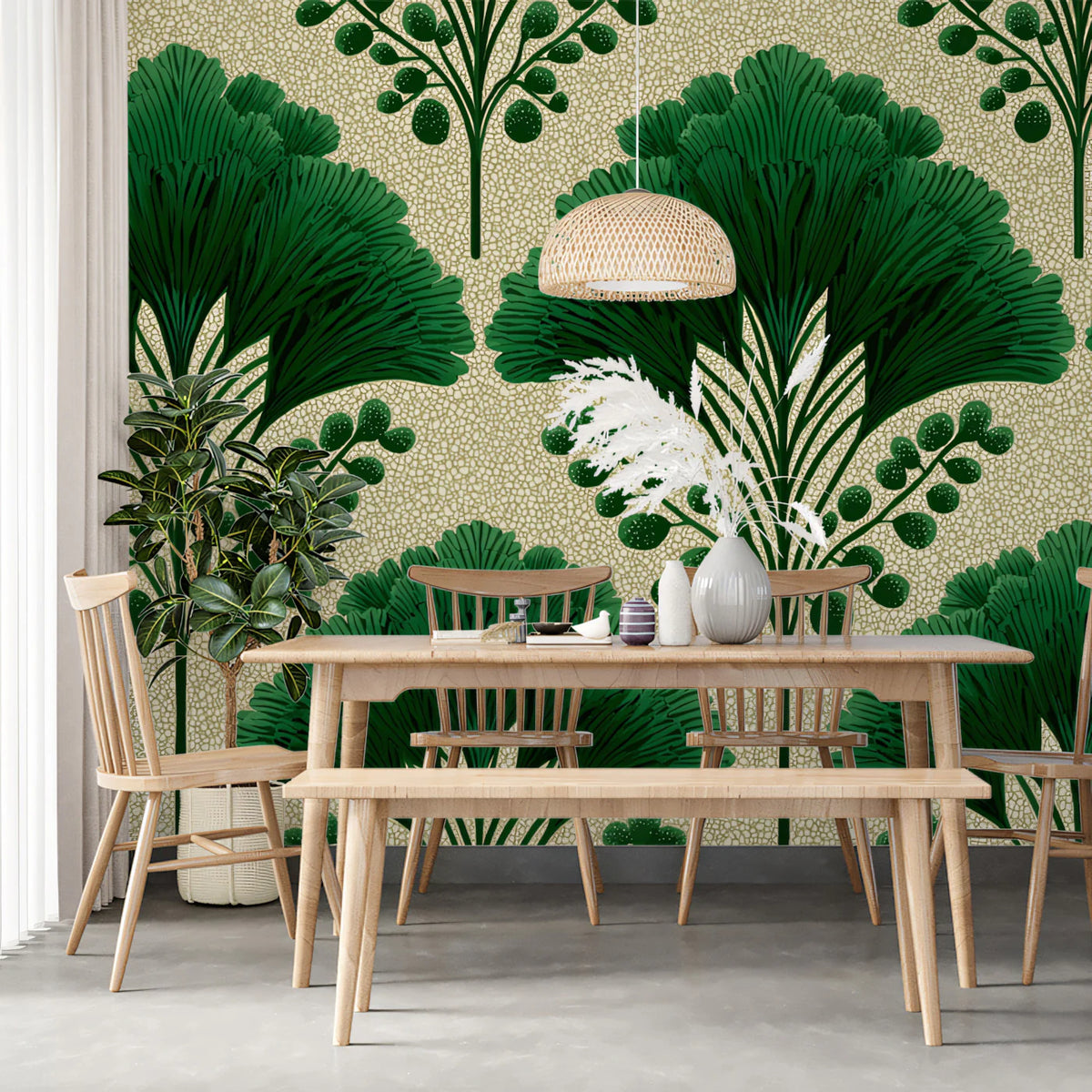 Gingko Fan Leaf Mural Wallpaper — Art Deco Botanical Pattern Mural Wallpaper - room preview 02