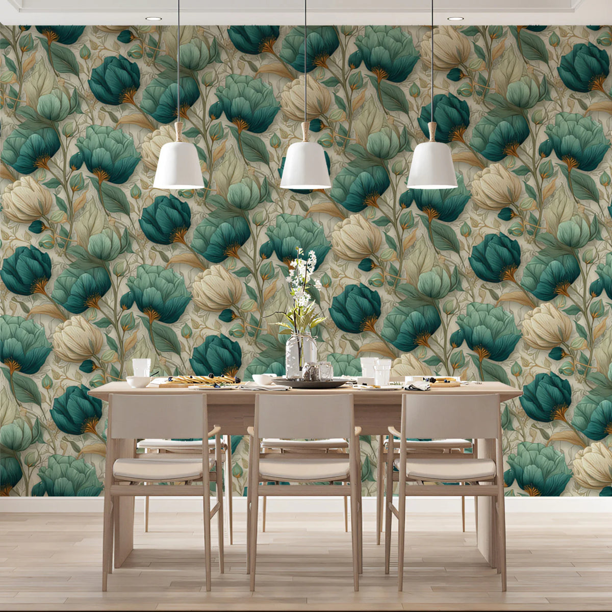 Teal and Cream Botanical Mural Wallpaper — Vintage Floral Style Mural Wallpaper - room preview 02