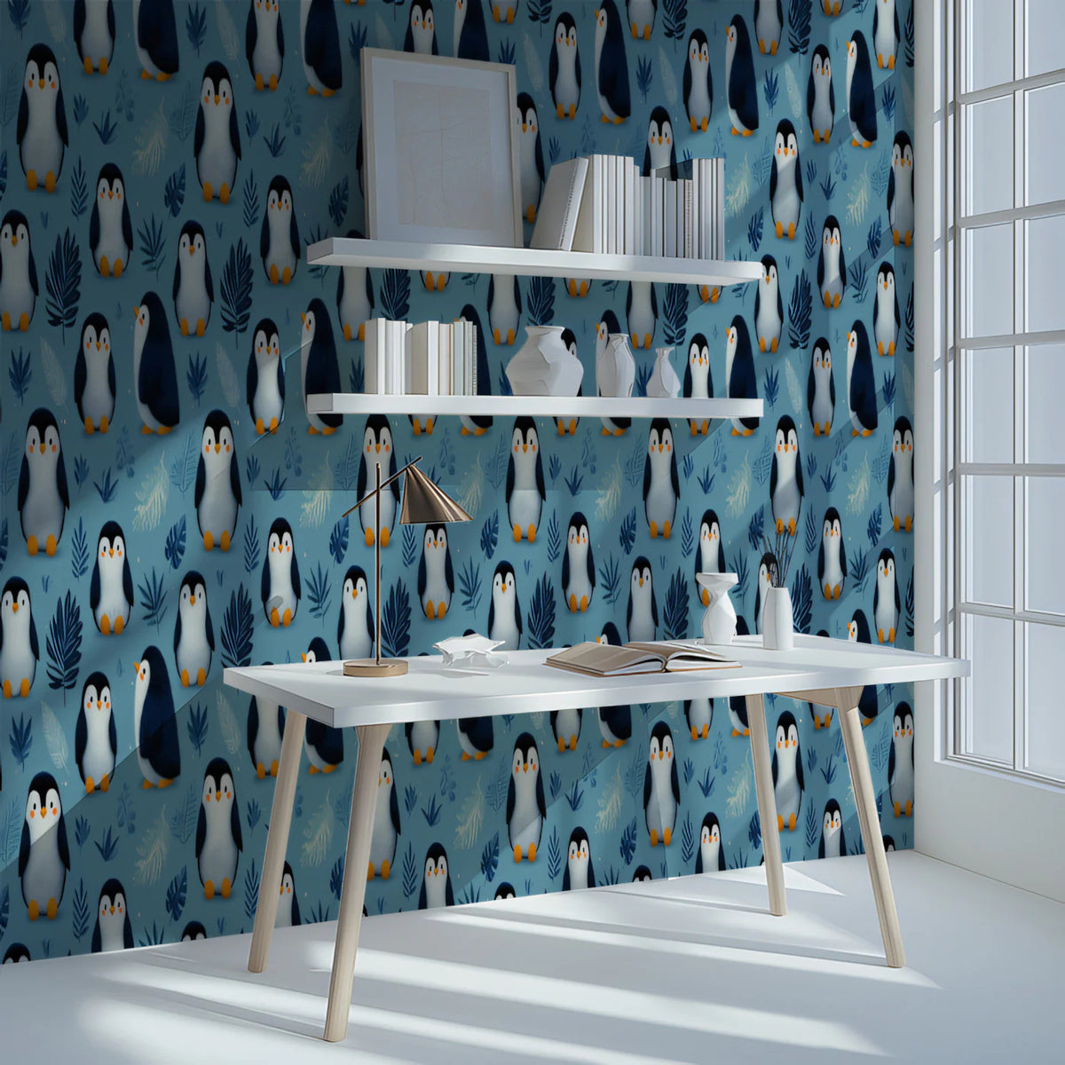 Charming Penguin Parade Mural Wallpaper in Soft Blue Mural Wallpaper - room preview 02