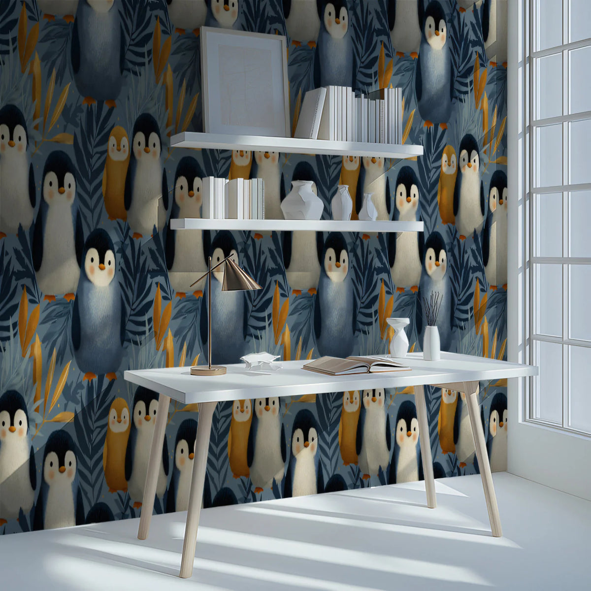 Penguin Family Illustration Mural Wallpaper — Whimsical Nature Scene Mural Wallpaper - room preview 02