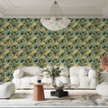 Vintage Botanical Floral Mural Wallpaper in Dusty Teal and Cream Mural Wallpaper - room preview 02