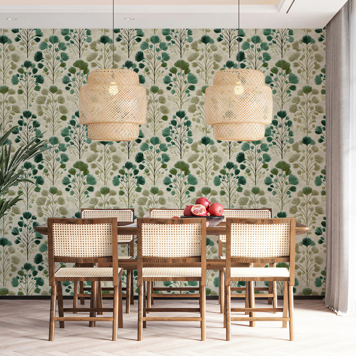Stylized Botanical Mural Wallpaper — Green and Beige Leaf Pattern Mural Wallpaper - room preview 02