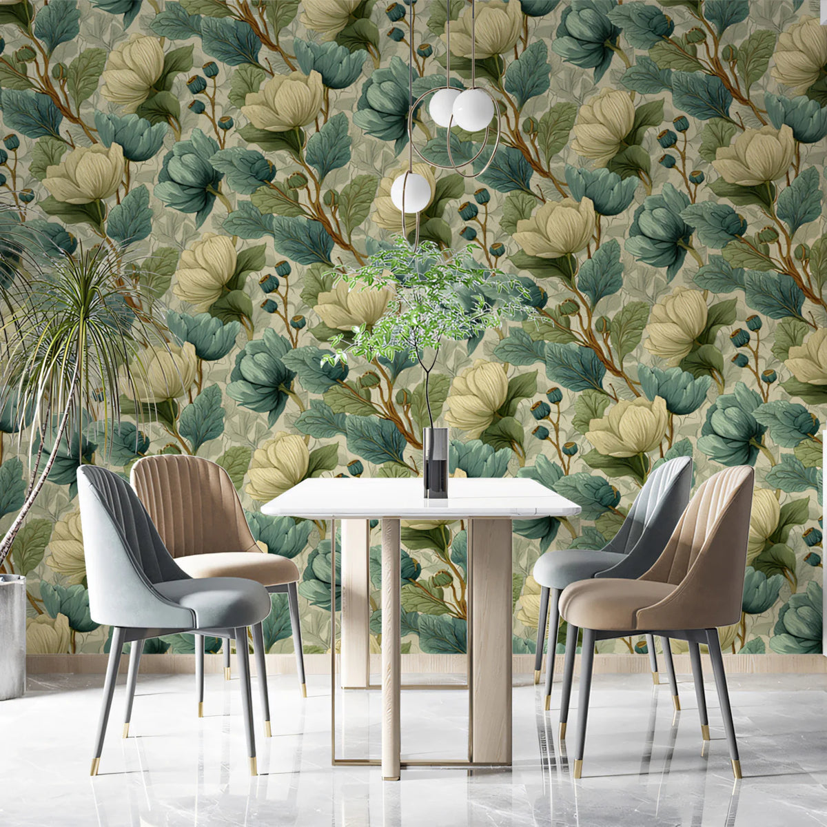 Vintage Botanical Mural Wallpaper — Cream and Dusty Teal Floral Mural Wallpaper - room preview 02