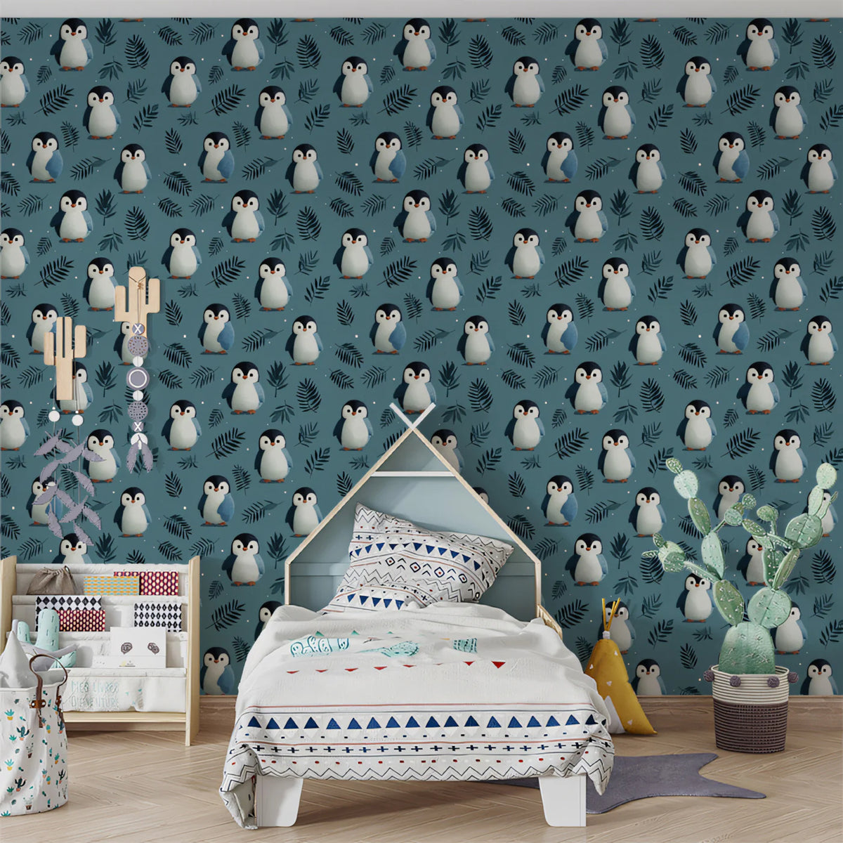 Baby Penguin Mural Wallpaper — Whimsical Nordic Pattern Mural Wallpaper - room preview 02
