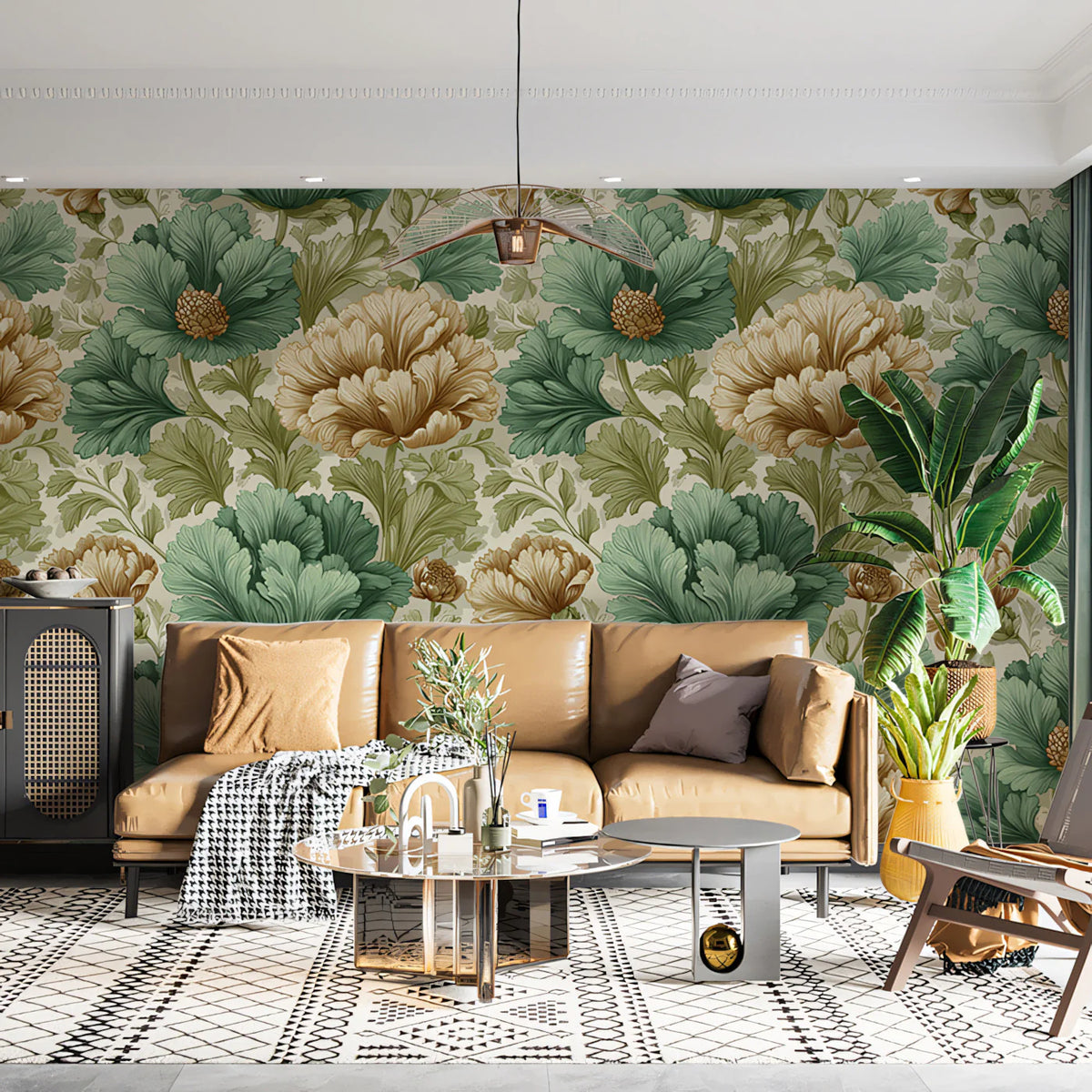 Vintage Peony Botanical Mural Wallpaper — Sage and Ochre Mural Wallpaper - room preview 02