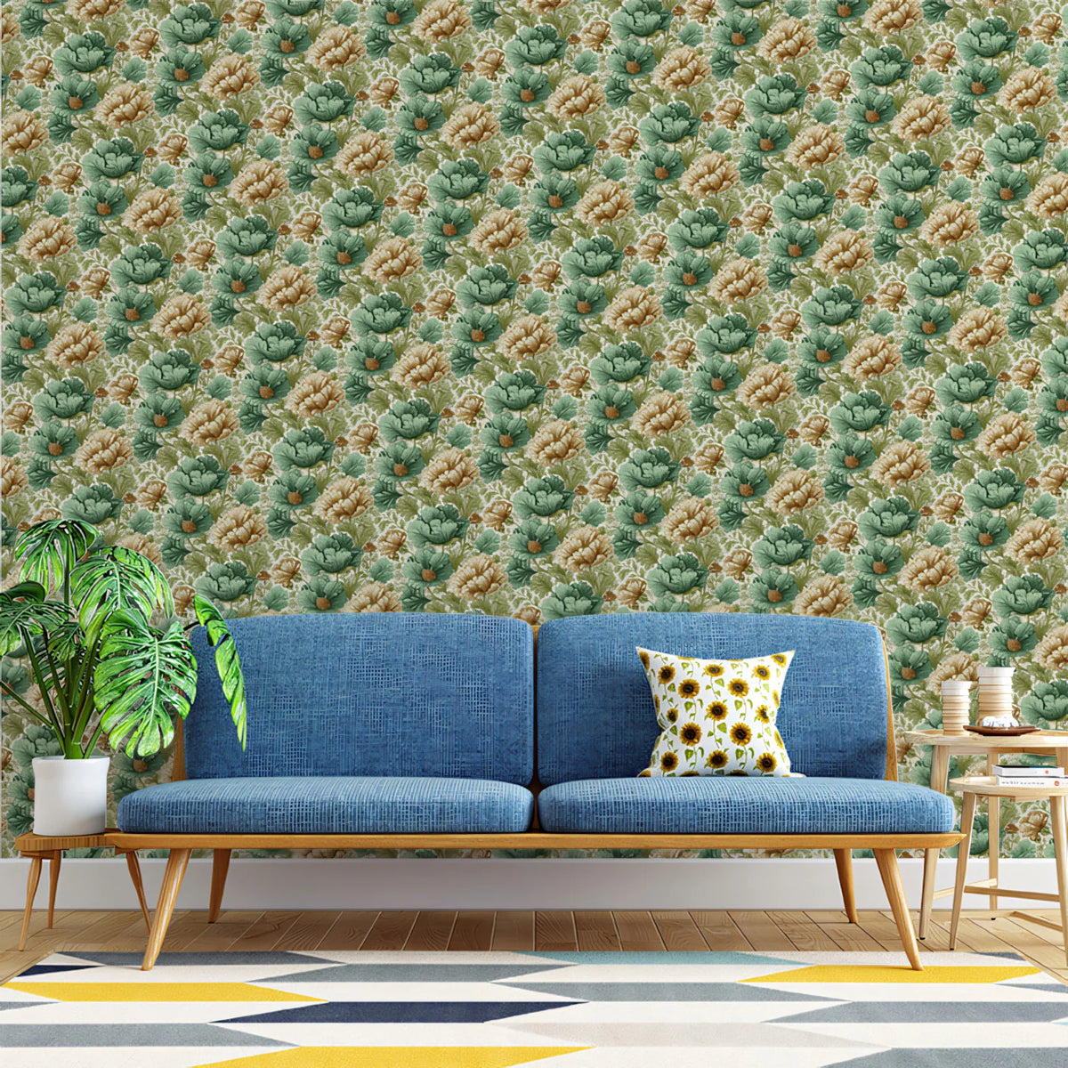 Vintage Botanical Floral Mural Wallpaper —Sage and Ochre Mural Wallpaper - room preview 02