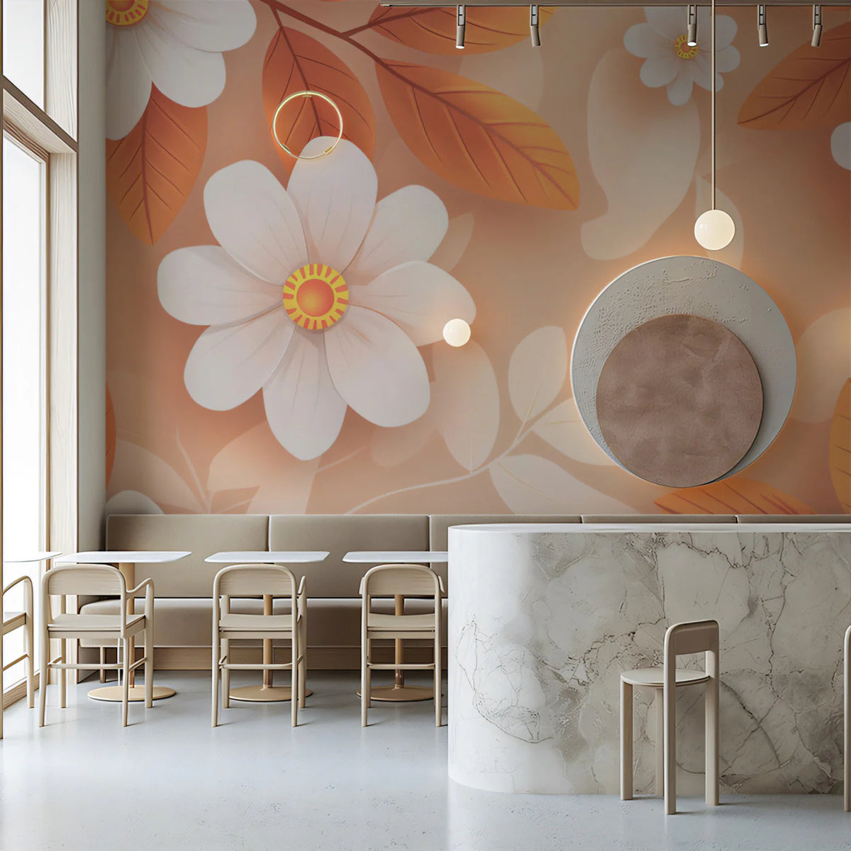 Abstract Floral Mural Wallpaper in Warm Apricot and White Mural Wallpaper - room preview 02