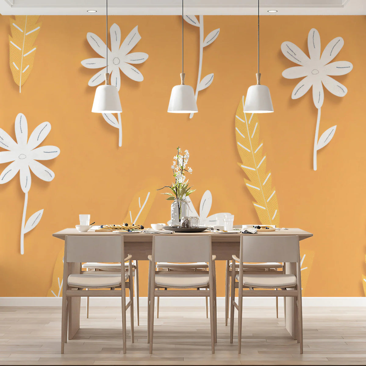 Modern Floral Mural Wallpaper Graphic Orange & White Print Mural Wallpaper - room preview 02
