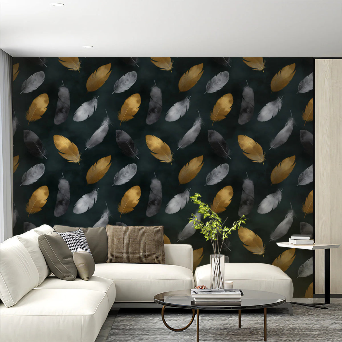 Floating Feather Mural Wallpaper in Gold and Charcoal Mural Wallpaper - room preview 02
