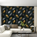 Floating Feather Mural Wallpaper in Gold and Charcoal Mural Wallpaper - room preview 02