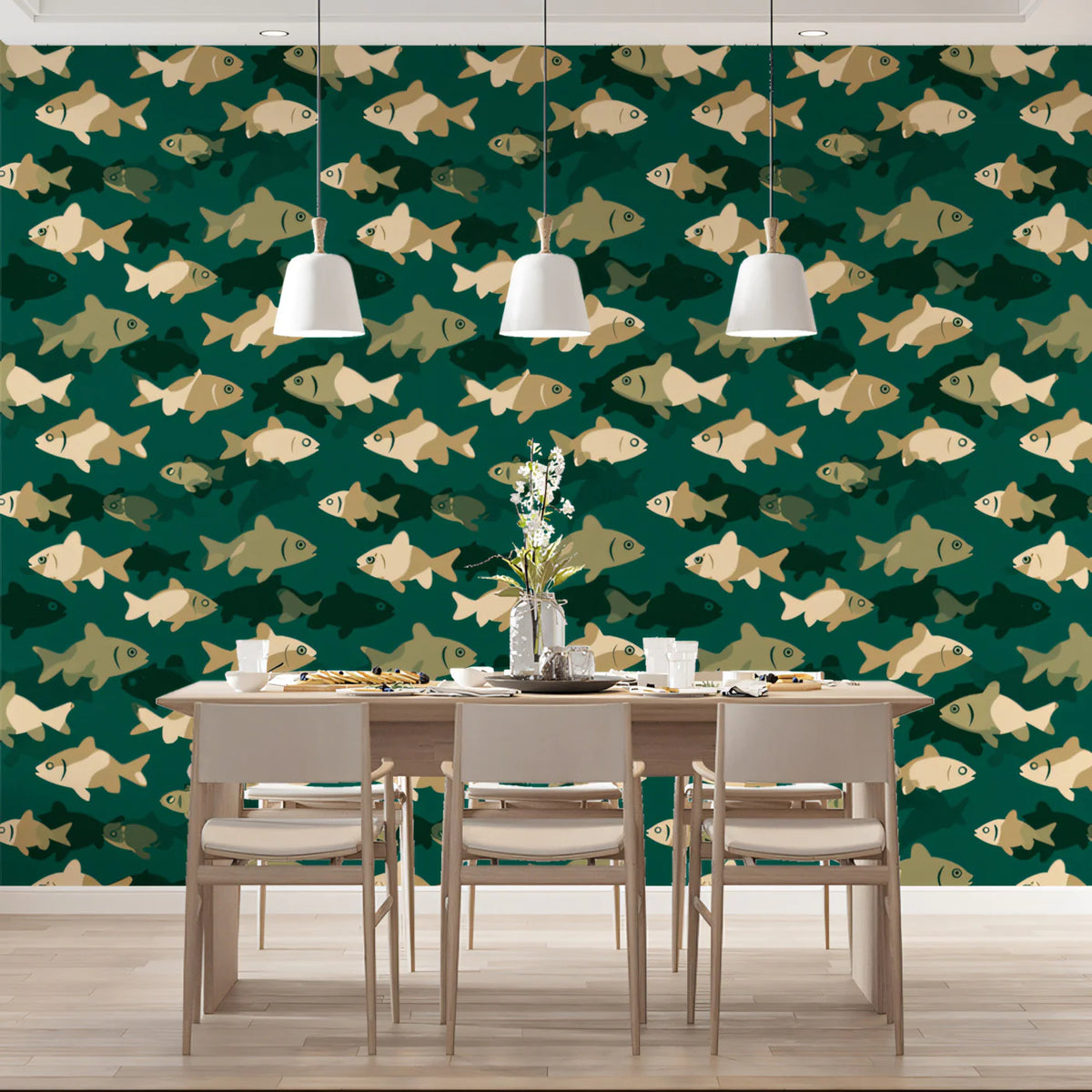 Stylized Fish Mural Wallpaper — Modern Deep Teal Marine Design Mural Wallpaper - room preview 02